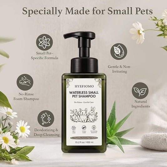 15.2 oz Large Capacity Waterless Small Animal Shampoo - No Rinse Dry Foam for Guinea Pig, Bunny, Ferret - Essential Pet Grooming Kit & Odor Eliminator