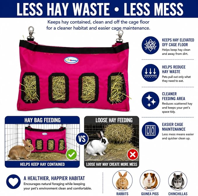 4-Opening Hay Bag for Rabbits, Guinea Pigs & Chinchillas, Hanging Hay Feeder, 18 x 11 x 1.5 in, 1000D Nylon, 6-Month Warranty (Purple, 18" x 11" x 1.5")