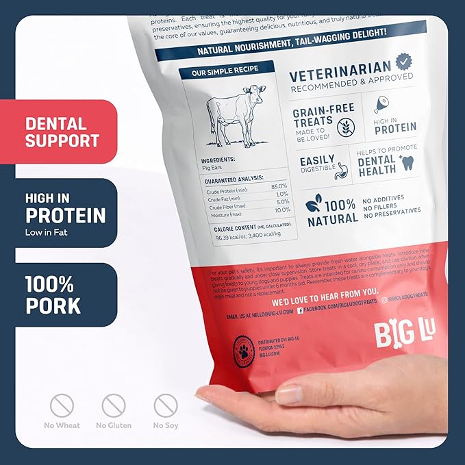 Big Lu – Whole Pig Ears for Dogs, Bulk 30 Count, All-Natural Single-Ingredient Pork Treats for Medium and Large Dogs, Easily Digestible, Supports Joint Health with Glucosamine and Chondroitin