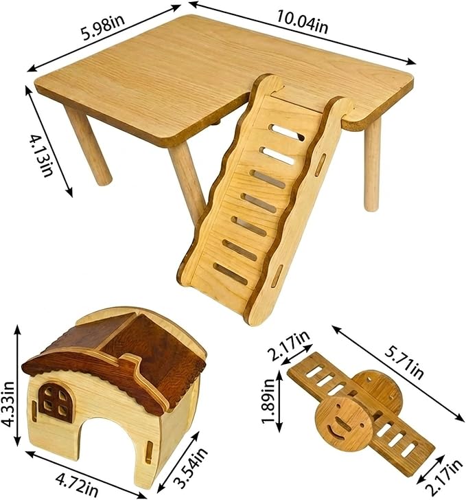 3 Pcs Hamster House Set,Hamster Game Climbing Toy with Platform,Wooden Hideaway House,Activity Seesaw,Small Animal Fun Activity Space for Syrian Hamsters, Gerbils, Mice