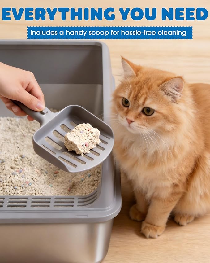Powools Stainless Steel Cat Litter Box, Metal Litter Box with Scoop, High- Sided, Anti-Leakage Top Entry, Non-Sticky, Easy to Clean, Grey, XL (2 Pack)