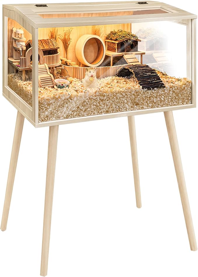 PROLEE Hamster Cage Wooden Chew Proof, Extra Large Mice and Rat Habitat Openable Top with Acrylic Sheets Solid Built Small Animal Cage with Leg Stands, 24 Inch Long