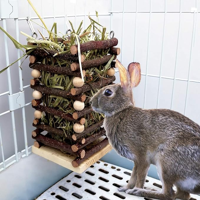 Hanging Apple Wood Rabbit Hay Feeder - Guinea Pig Grass Holder with 2 Hooks Biting Resistant Small Animals Chew Toy, Feeding Hay Manager Shelf for Chinchilla Bunny Hamster Gerbil Holiday Presents