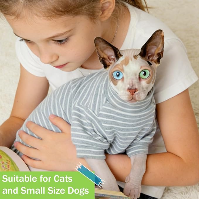 Sphynx Cat Sweater Hairless Cat Clothes Sweater Shirt Soft Warm Long Sleeves Pullover Pet Clothes Pajamas Dog Cloth for Small Dogs Jumpsuit Pet Sweaters (G&W Striped, Large)