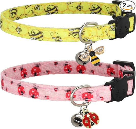 Cat Collar Breakaway, 2 Pack Cotton Kitten Collars with Bells and Removable Charms, Cute Bee and Ladybug Shaped for Indoor Boy, Girl and Adult Cats