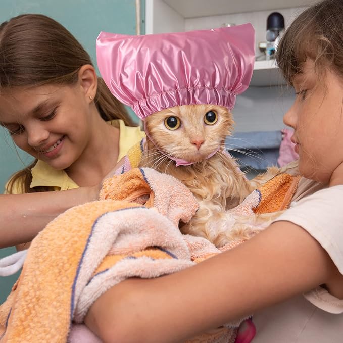 Pet Shower Cap Waterproof Reusable Bath Ear Covers with Adjustable Strap Cat Dog Bathing Hat for Ears Protection Elastic Headgear for Cat Dog Kitten Puppy (Pink,M (12.6''-18.1''))