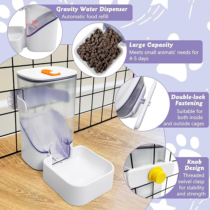 34oz Automatic Rabbit Food Dispenser for Cage Hanging Guinea Pig Feeder No Drip Bunny Food Bowl for Ferret Rat Hamster Chinchilla and Other Small Animals (White)