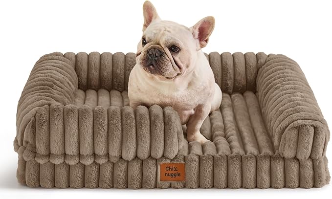 ChiXnuggle Orthopedic Dog Bed with Bolster Sides for Sleeping, Fluffy Plush Rectangular Dog Bed Medium Sized Dog, Luxury Striped Faux Fur Waterproof Dog Couch with Removable Washable Cover, Taupe