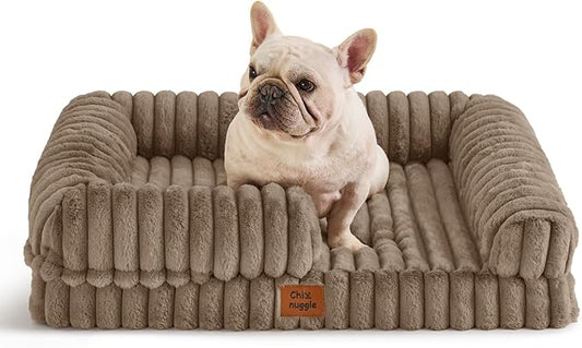 ChiXnuggle Orthopedic Dog Bed with Bolster Sides for Sleeping, Fluffy Plush Rectangular Dog Bed Medium Sized Dog, Luxury Striped Faux Fur Waterproof Dog Couch with Removable Washable Cover, Taupe