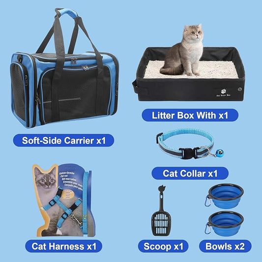 Cat Carrier Soft-Sided & Foldable Travel Litter Box for Cats, Fit 20Lbs Pets, 17.7' * 11.8 * 11.8 inches Cat Bag for Traveling & Camping, Indoor & Outdoor, Pet Carrier Kit, Blue