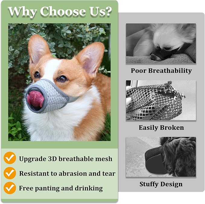 Mayerzon Dog Muzzle, Puppy Soft Mesh Muzzle for Small Medium Large Dogs Chihuahua Poodles Beagle Dachshund Corgis Labrador for Biting Chewing Grooming that Allows Panting Drinking(XXS, Grey)