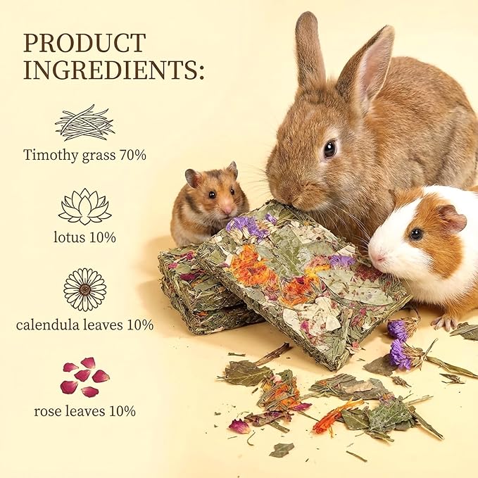 10 Pcs Rabbit Chew Toys 2 in 1 Bunny Treats Timothy Hay Chips with Apple Carrot Herbal Flowers Snack for Guinea Pig Chinchilla Hamster Teeth Grinding Dental Care Small Animal Food
