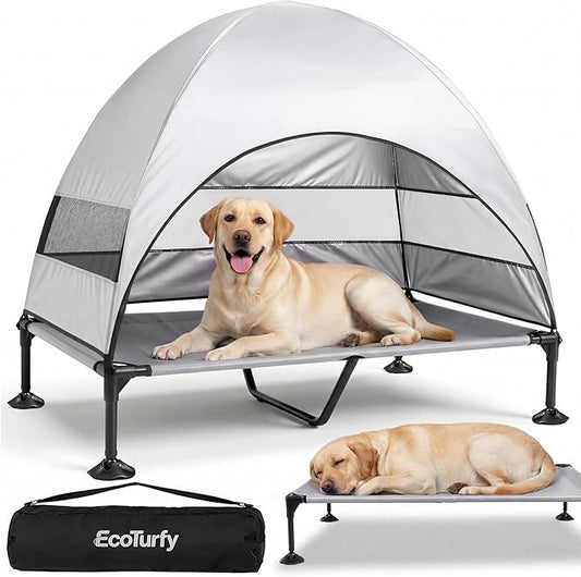 Elevated Dog Bed with Canopy - 3-Sided UV Protection Pet Tent with Wider Shade, Raised Cooling Outdoor Dog Cot with Breathable Mesh for Medium Large Dogs, Portable Bed for Camping, Patio (Grey, XL)