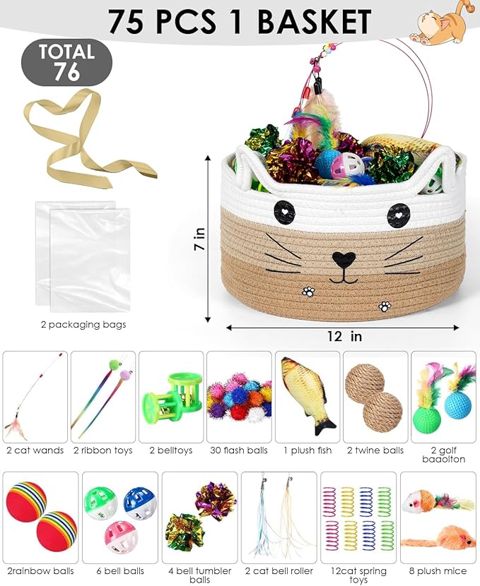 76-Piece Cat Storage Basket & Interactive Cat Toy Set: Wand Toy, Colorful Flashing Balls, Crinkle Balls – Attracts Kittens to Swat and Hunt, Indoor Cat Toy (Khaki)