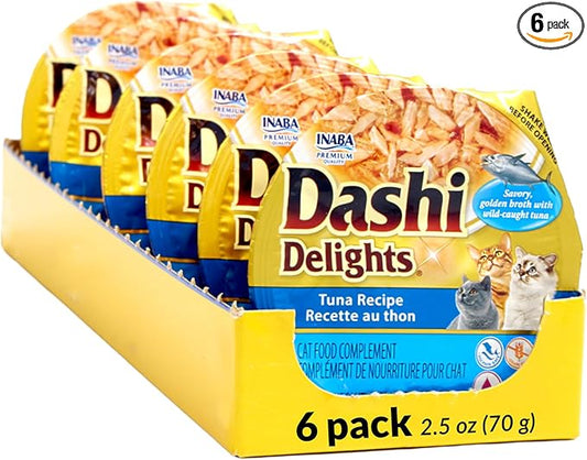 INABA Dashi Delights for Cats, Shredded Tuna Side Dish with Bonito Flake Broth, Cat Food Complement with Taurine & Green Tea Extract, 2.5 Ounce Cup, 6 Cups Total, Tuna Recipe