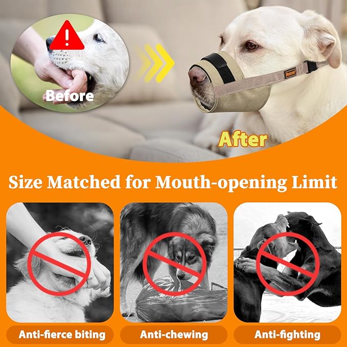 Mayerzon Dog Muzzle for Large Medium Small Dogs, Adjustable Fit, Soft & Sturdy Fabric, Prevents Fierce Barking Biting Chewing, Ideal for Grooming Walking Vet Visits, Allows to Pant Drink (Khaki, S)