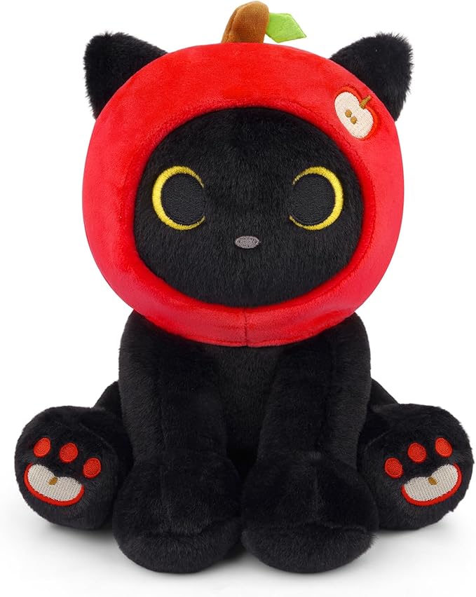 Black Cat Plush - 8inch Cute Stuffed Cat with Red Apple Hood, Teacher Gift Soft Kitten Plushie Toy for Kids Boys Girls, Creative Fruit Plush,
