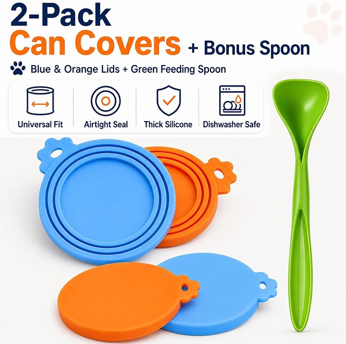 Lydia’s Deal Pet Food Can Covers 2-Pack, Thick Silicone Universal Can Lids for Dog & Cat Food, Fits 3oz/5.5oz/12oz, Airtight Seal, Durable & Dishwasher Safe, Easy Grip with Spoon (Blue & Orange)