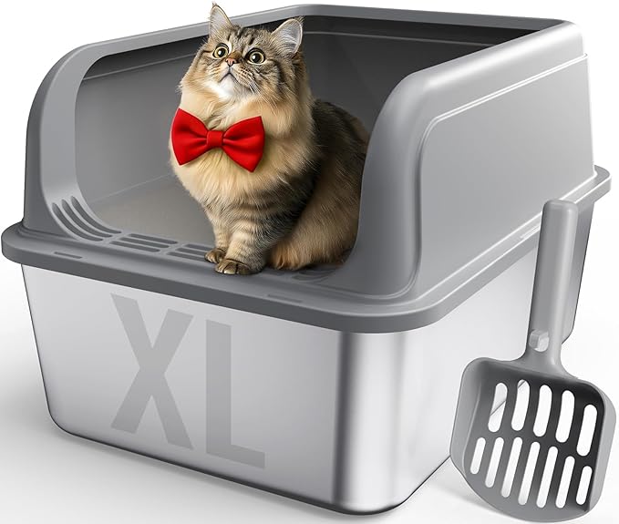 Powools Stainless Steel Cat Litter Box, Metal Litter Box with Scoop, High- Sided, Anti-Leakage Top Entry, Non-Sticky, Easy to Clean, Grey, XL (1 Pack)