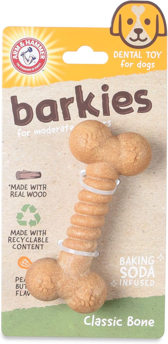 Arm & Hammer for Pets Barkies Classic Bone Compressed Wood Collection, 5 Inch Peanut Butter Flavored Chew Toy for Dogs, Faux Stick, Splinter-Free, Safer Alternative for Small Dogs