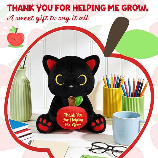 Black Cat Plush Holding Red Apple - Teacher Appreciation Gift Thank You for Helping Me Grow, 8inch Cute Stuffed Cat Plushie, Kawaii Toy Thank You Gift for Women Men Desktop Decor