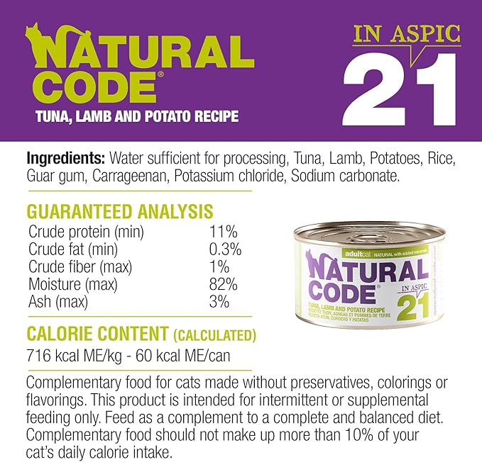 Natural Code - 24 Pack Wet Cat Food, Limited Ingredient Cat Food, High-Protein, Non-GMO, No Artificial Additives, Made in Italy, Tuna, Lamb & Potato in Aspic for Adult Cats, 3 oz