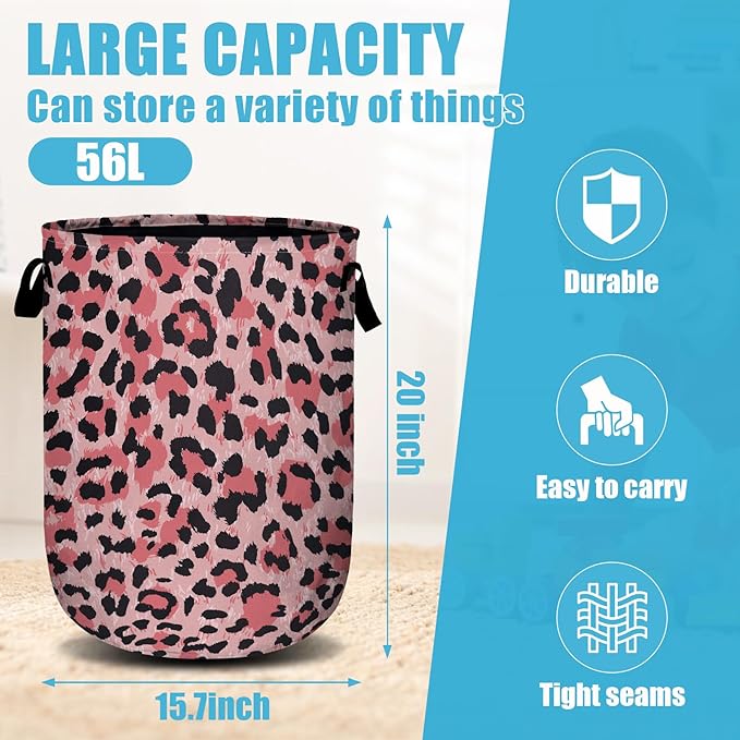 Pink Leopard Laundry Basket, Laundry Hamper Collapsible Oxford Cloth with Handle Clothes Storage Bin for Bathroom Laundry Room Bedroom 15.7 X 20 Inch