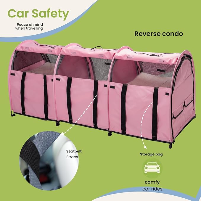Portable Three Compartment Show House Cat Cage Condo - Easy to Fold & Carry Kennel - Comfy Puppy Home & Dog Travel Crate with Portable Carry Bag,2 Hammocks,3 Mats and Collapsible Litter Boxs