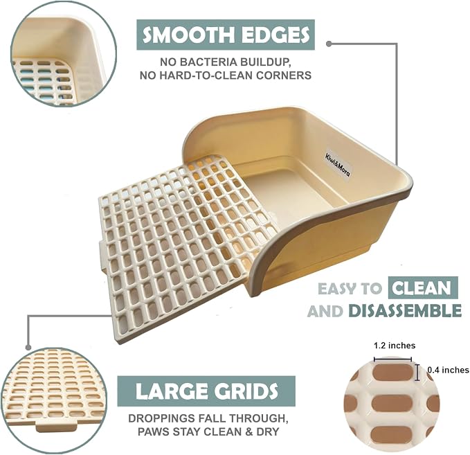 Kiwi & Mora Rabbit Litter Box - Extra Large Bunny Litter Box with Grate | 17.1"x12.8", Pee Pads & Cleaning Set – Potty Training Litter Pan for Large Breed Rabbits, Guinea Pig, Ferret, Chinchilla