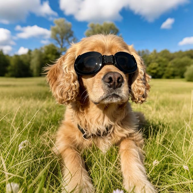 Dog Goggles Medium Breeds, Clear UV Protection Dog Sunglasses with Black Replaceable Lenses, Adjustable Doggy Glasses for Outdoor Activities Hiking/Camping Windproof Pet Eyewear