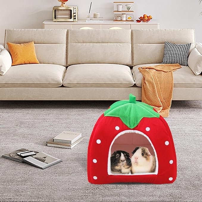 Guinea Pig Bed, Cozy Rabbit Hideout with Warm Fleece Washable Cuddle Cup Winter Sleeping House for Small Pets Strawberry Style