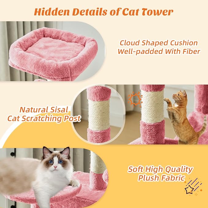 DUMOS Small 44 Inch Cats Tree Tower, Cat Climbing Tower with Natural Sisal Scratching Posts, Hammock, Pet Condo for Indoor Cats and Kittens Play, Pink