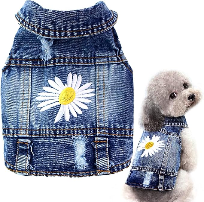 Dog Denim Jacket with Embroidered Daisy, Ripped Vintage Jean Vest for Small Dogs, Pugs, Chihuahuas, Spring Summer Fall Festival Outfit, X-Large (Fits Chest 17-18")