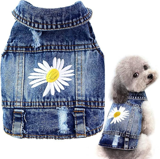 Dog Denim Jacket with Embroidered Daisy, Ripped Vintage Jean Vest for Small Dogs, Puppy, Pugs, Chihuahuas, Spring Summer Fall Festival Outfit, Medium (Fits Chest 13-14")