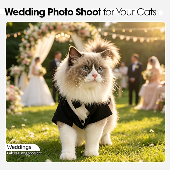 QBLEEV Cat Tuxedo Outfit with Bow Tie, Sphynx Cat Costume Formal Suit Wear | Soft breathable, stylish hairless clothes for cats only, kitten wedding birthday party shirt apparel for male boy