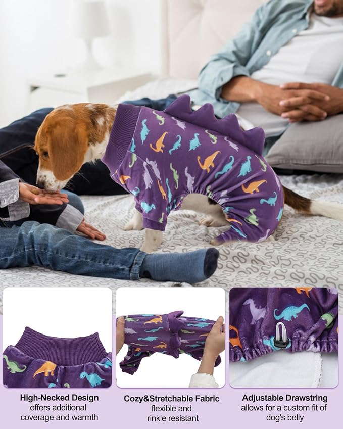 CuteBone Dinosaur Costume Dog Pajamas, Stretchy Spandex Crystal Velvet Sleepwear Coat for Small Dogs, Soft & Warm Pet Outfit Clothes for Cold Weather, Cozy Pullover Design COSP04S