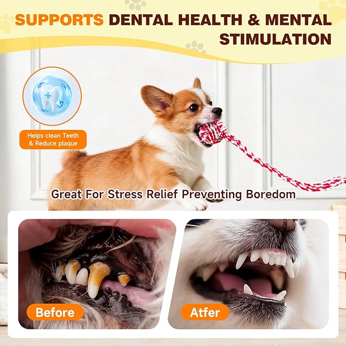 Interactive Dog Toys, Gel Suction Cup Design, Cotton Rope Ball with Built-in Bell, Puppy Teething Toys, Tug of War Dog Toy, Dog Puzzle Toy for Small Dogs, Red & White