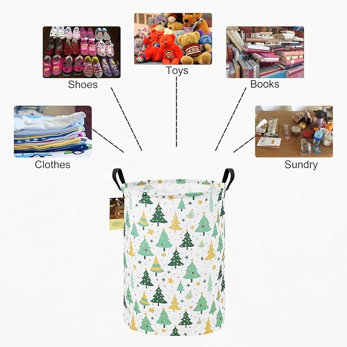 Collapsible Fabric Storage Basket, Waterproof Laundry Hamper with Handles, Round Storage Bin for Clothes Toys, Foldable Organizer for Bedroom Nursery Bathroom(Round-Christmas tree)