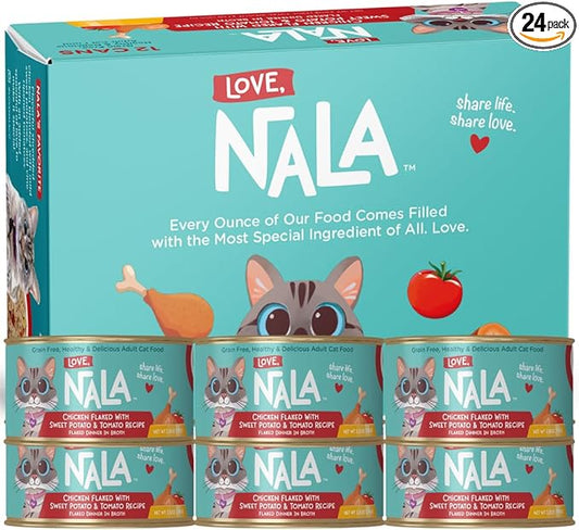 LOVE, NALA - Chicken Flaked with Sweet Potato & Tomato in Broth - 24 Pack, 4.8 lbs - Natural Adult Cat Wet Food Flaked -Grain Free, Non-GMO, Lean Protein, Added Minerals & Vitamins