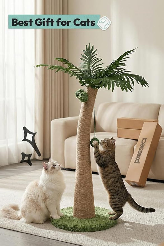 33" Tall Cat Scratching Post, Natural Jute Cat Scratcher for Indoor Cats, Coconut Tree Design with Hanging Toy Ball & Rest Platform, Stable Furniture Protector for Kittens & Adult Cats, L