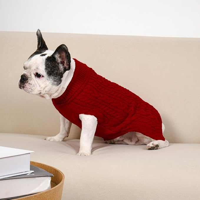 Dog Sweater 2 Pack for Medium Dogs, Size L, Red & Brown | Stretchy cable knit turtleneck, machine washable, high belly cut, comfy winter fit for French Bulldog, Corgi