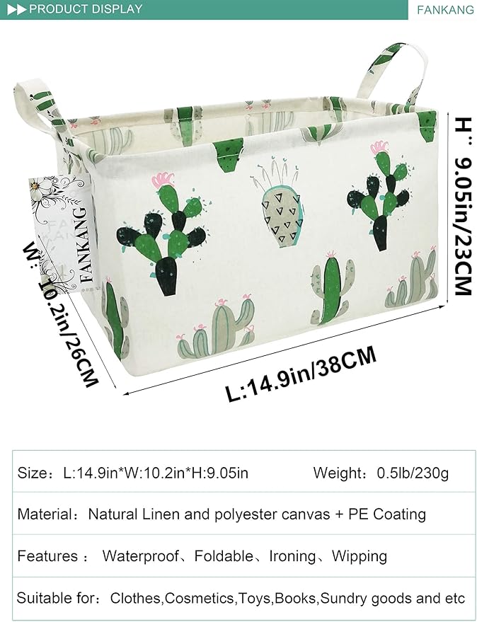 Storage Basket,Nursery Hamper Canvas Laundry Basket Foldable with Waterproof PE Coating Storage, Office, Bedroom, Clothes,Toys (L, Rec-Cactus)