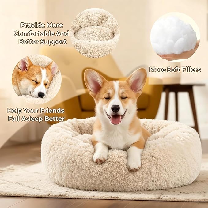 Calming Extra Large Donut Dog Bed, Anti-Anxiety Round Soft Fluffy Plush Faux Fur Washable Anti-Slip Pet Bed for Medium Dogs Up to 45 lbs 32in Light-Brown