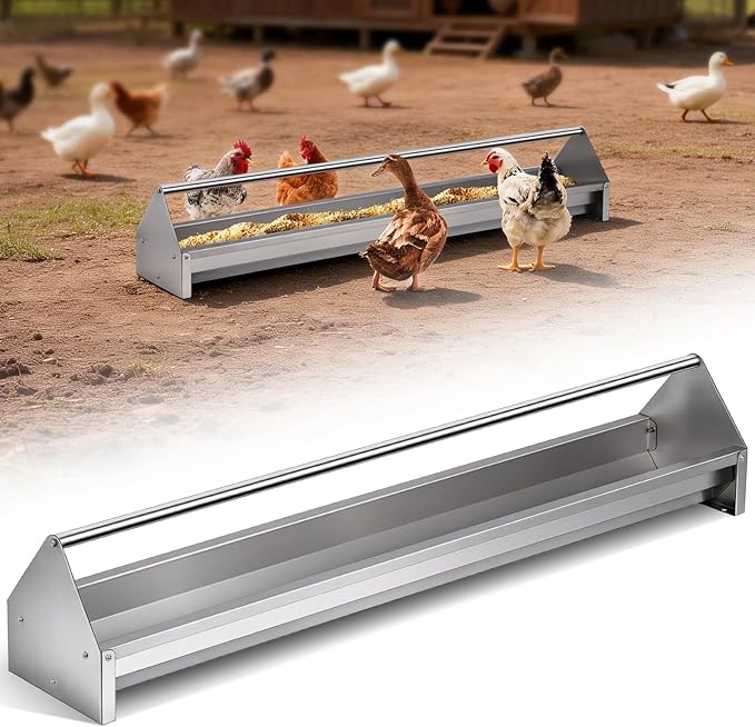 Chicken Feeding Trough 45" Stainless Steel Double Sided Poultry Chicken Feeder Trough Heavy Duty with Crossbar Large Capacity for Chicken Duck Goose Quail