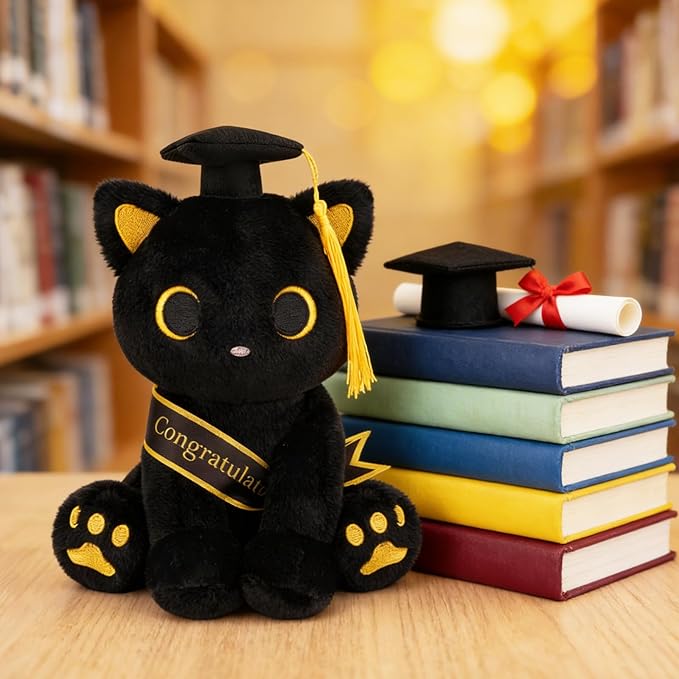 Class of 2026 Graduation Cat Plush - 8" Black Cat Plush with Cap & Golden Tassel Graduation Gift for Her Kids Him, Cute Plushies Toy for Kindergarten, High School College