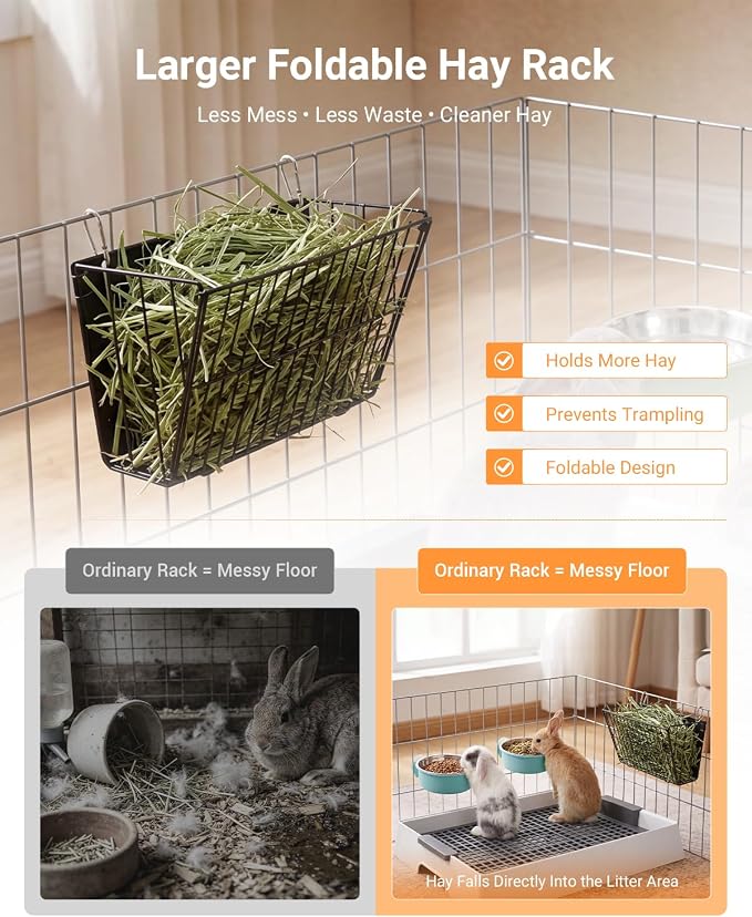 4-in-1 Rabbit Litter Box & Hay Feeder for Bunny and Guinea Pig, Upgraded Bunny Litter Box with 2 Stainless Bowls, Dustpan & Broom – Rabbit & Guinea Pig Accessories