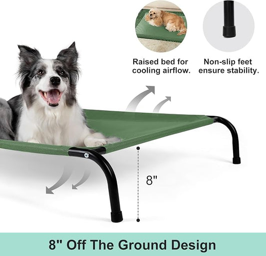Cooling Elevated Dog Bed for Extra Large Dogs with Non-Slip Floor Protectors & Breathable Mesh, XL Raised Indoor & Outdoor Dog Cot Hammock, 54" L x 35" W x 8" Th, X-Large, Green