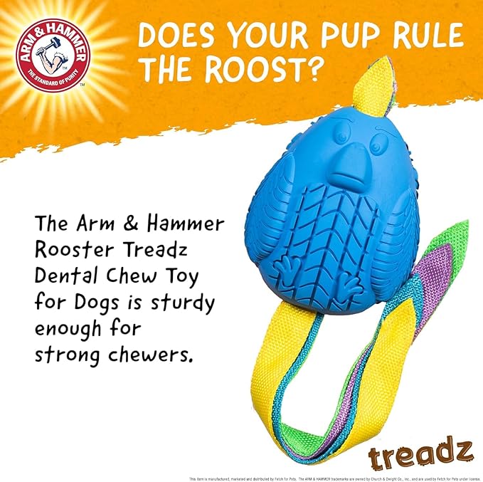 Arm and Hammer for Pets Super Treadz Large Rooster Dental Chew Toy for Dogs - Reduces Plaque and Tartar Without Brushing, Baking Soda Infused, Dishwasher Safe, Dogs Up to 35 Lbs - 2 Pack