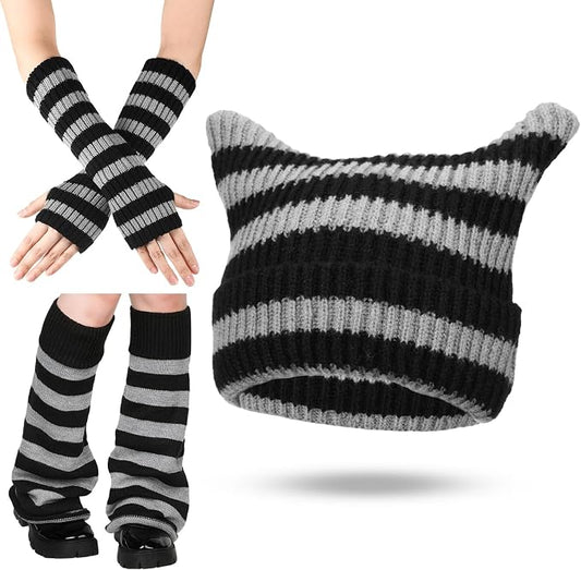 Y2k Beanie Cat Crochet Hats Cat Beanie Accessories with Kawaii Leg Cover for Women Girls