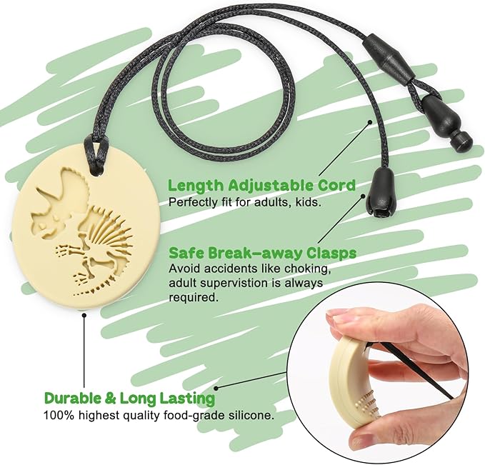 MISSLILI Sensory Chew Necklaces for Aggressive Chewers - Silicone Chewelry for Autism, ADHD, Oral Motor Therapy & Baby Teething - Dinosaur (BPA-Free, Textured Surface)